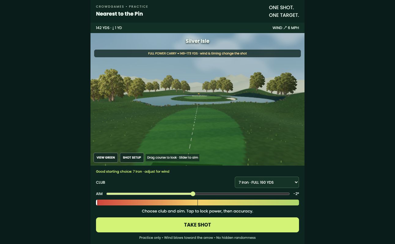 Nearest to the Pin: a golf shot over water towards the Silver Isle green